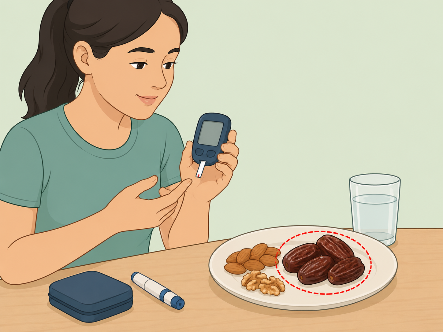 A person monitoring blood sugar while portioning dates.