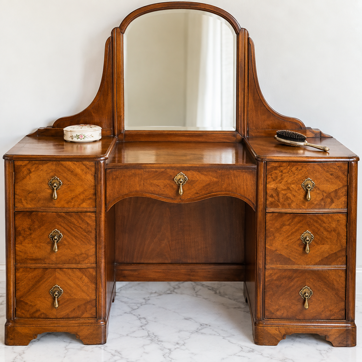 Restored 1942 wood vanity table with mirror and brass drawer pulls