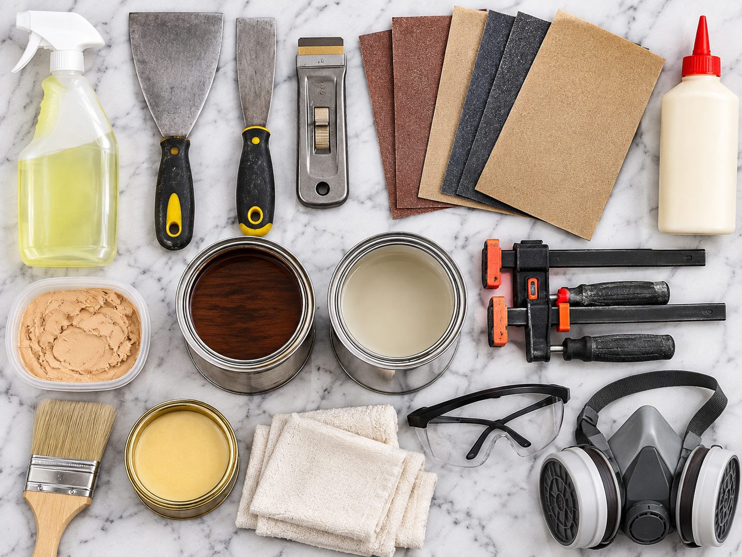 Furniture restoration supplies for refinishing a vintage vanity table