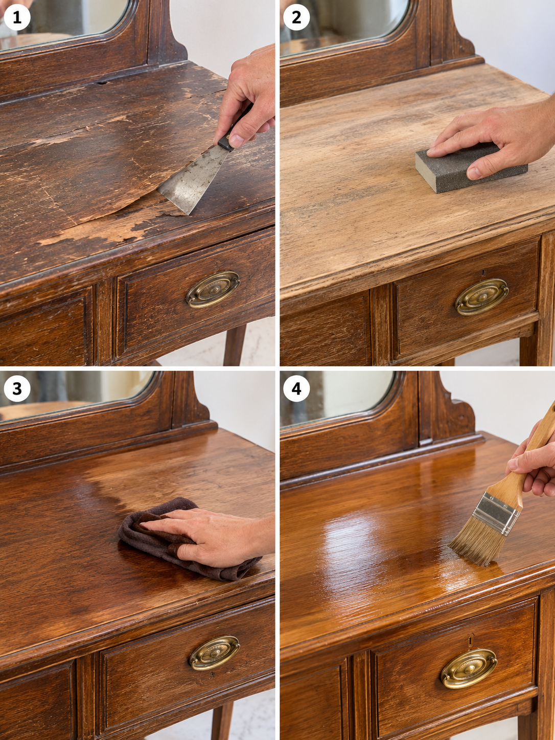 Four restoration steps for sanding and refinishing a vintage vanity table