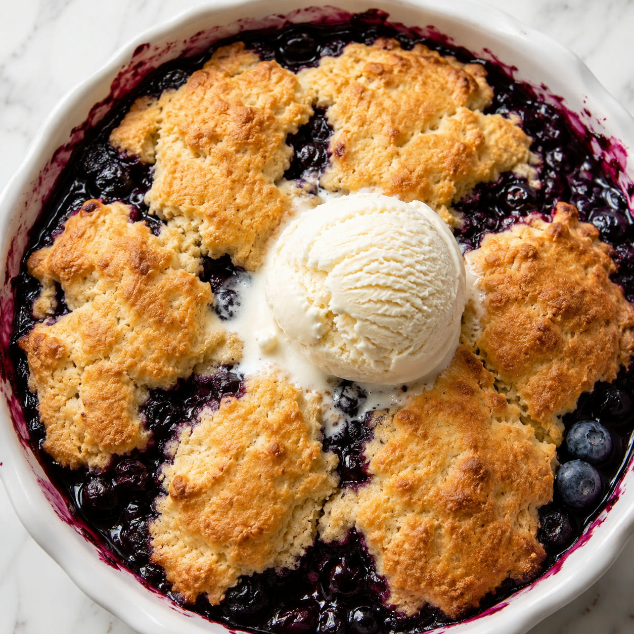 Warm blueberry cobbler with golden topping and melting vanilla ice cream