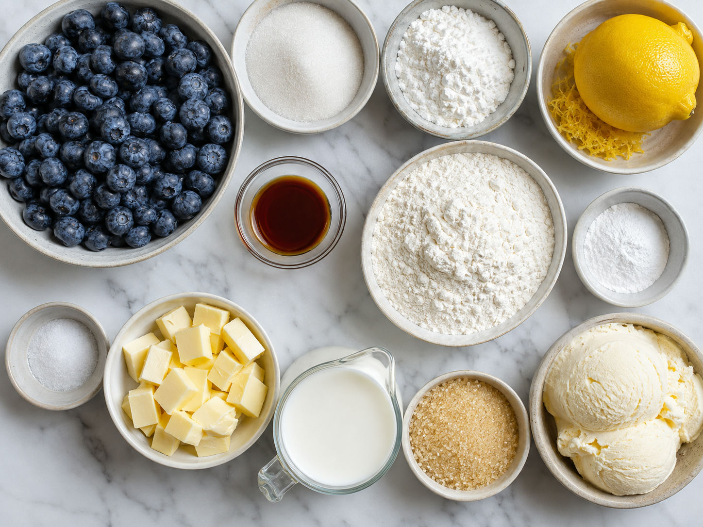 Blueberry cobbler ingredients with berries, lemon, butter, flour, and buttermilk