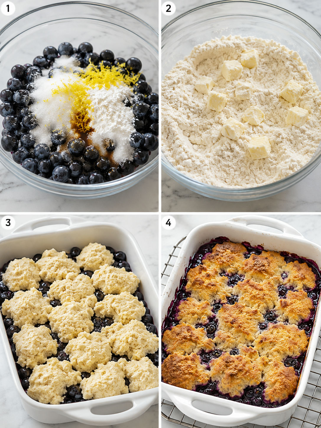 Four steps for making blueberry cobbler from filling to baked topping