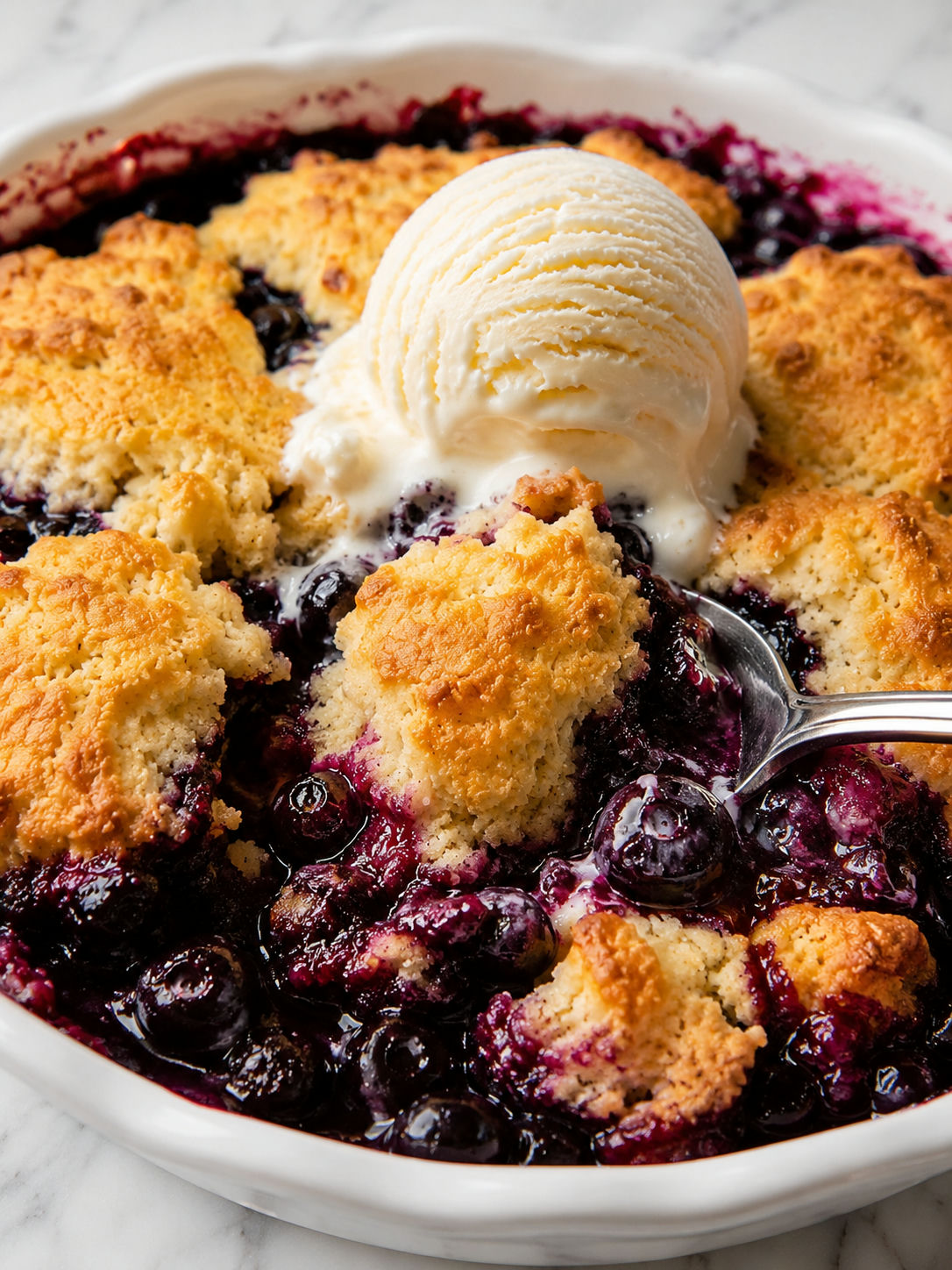 Blueberry cobbler with golden biscuit topping and vanilla ice cream