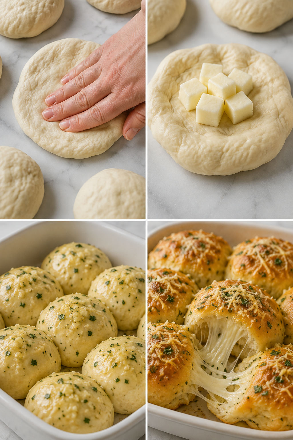 Four steps for making mozzarella stuffed garlic cheese biscuits