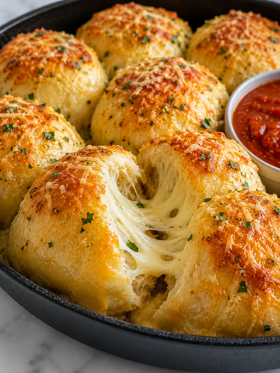Mozzarella stuffed garlic cheese biscuits pulled apart with marinara