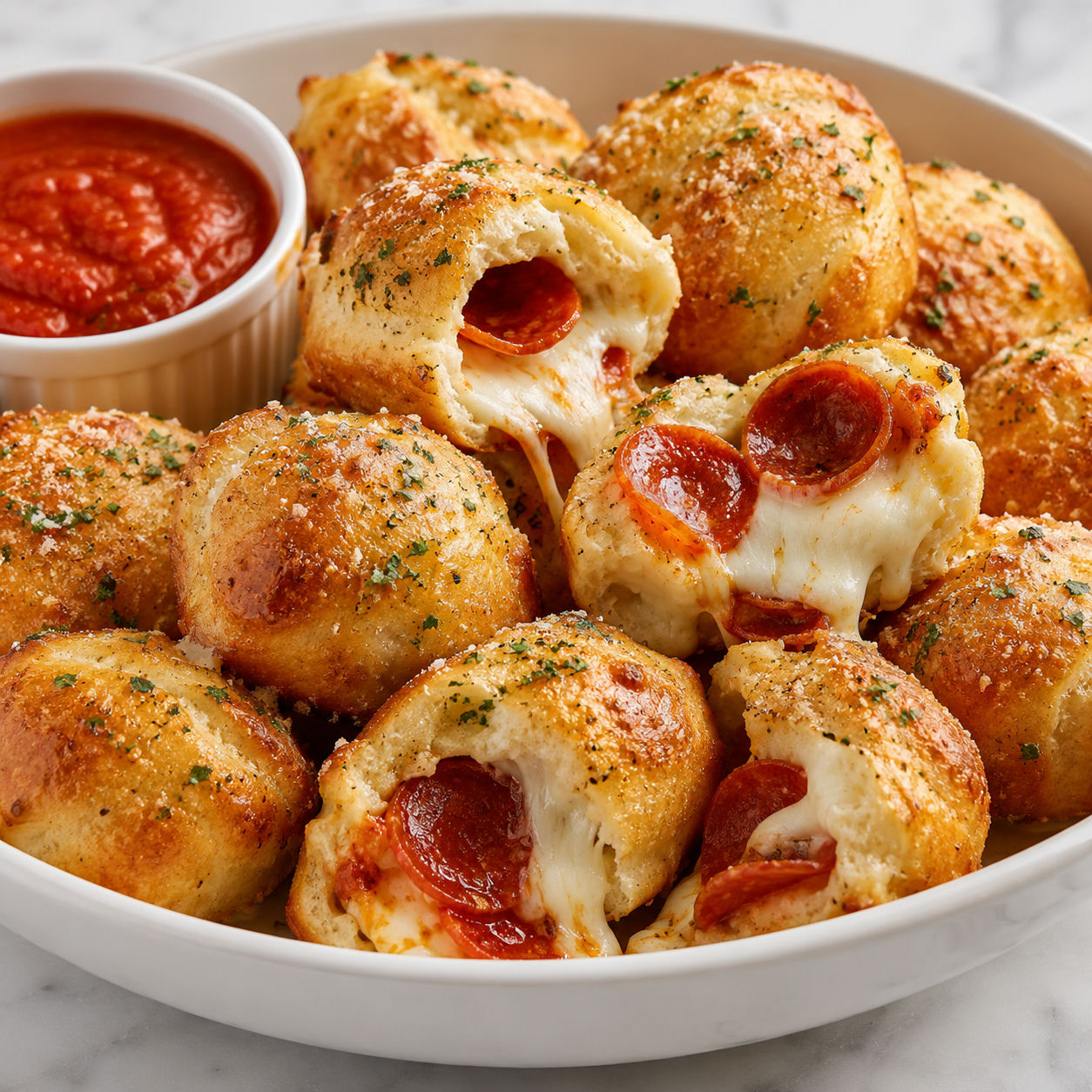 Golden pepperoni pizza bombs with melted cheese and pizza sauce