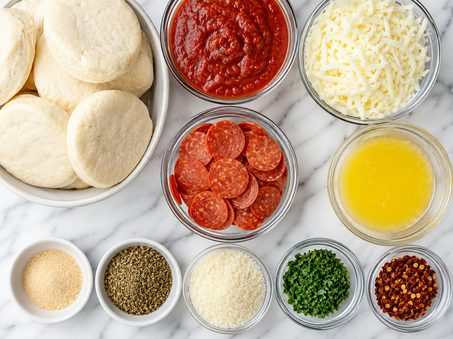 Ingredients for pepperoni pizza bombs with biscuit dough and mozzarella