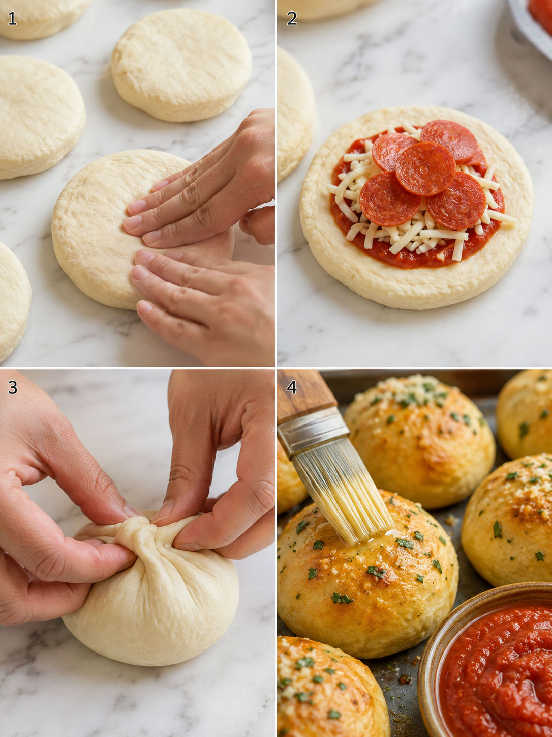 Steps for filling, sealing, baking, and brushing pepperoni pizza bombs