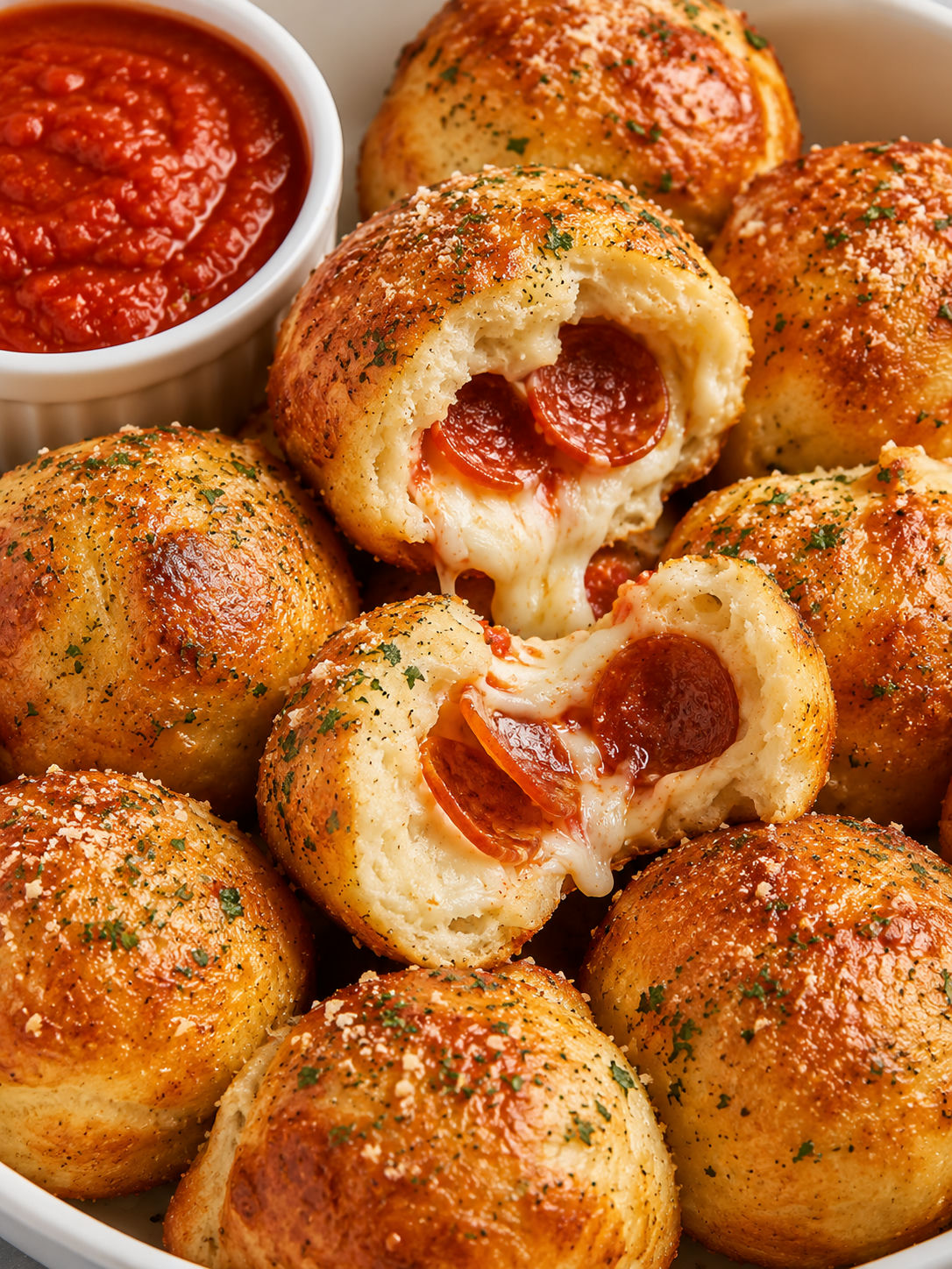 Buttery pepperoni pizza bombs torn open with melted mozzarella