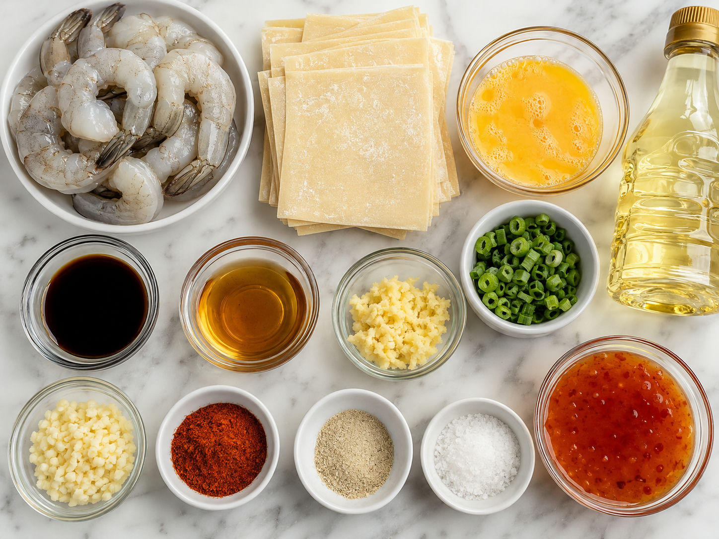 Raw shrimp, wonton wrappers, seasonings, egg, and sweet chili sauce