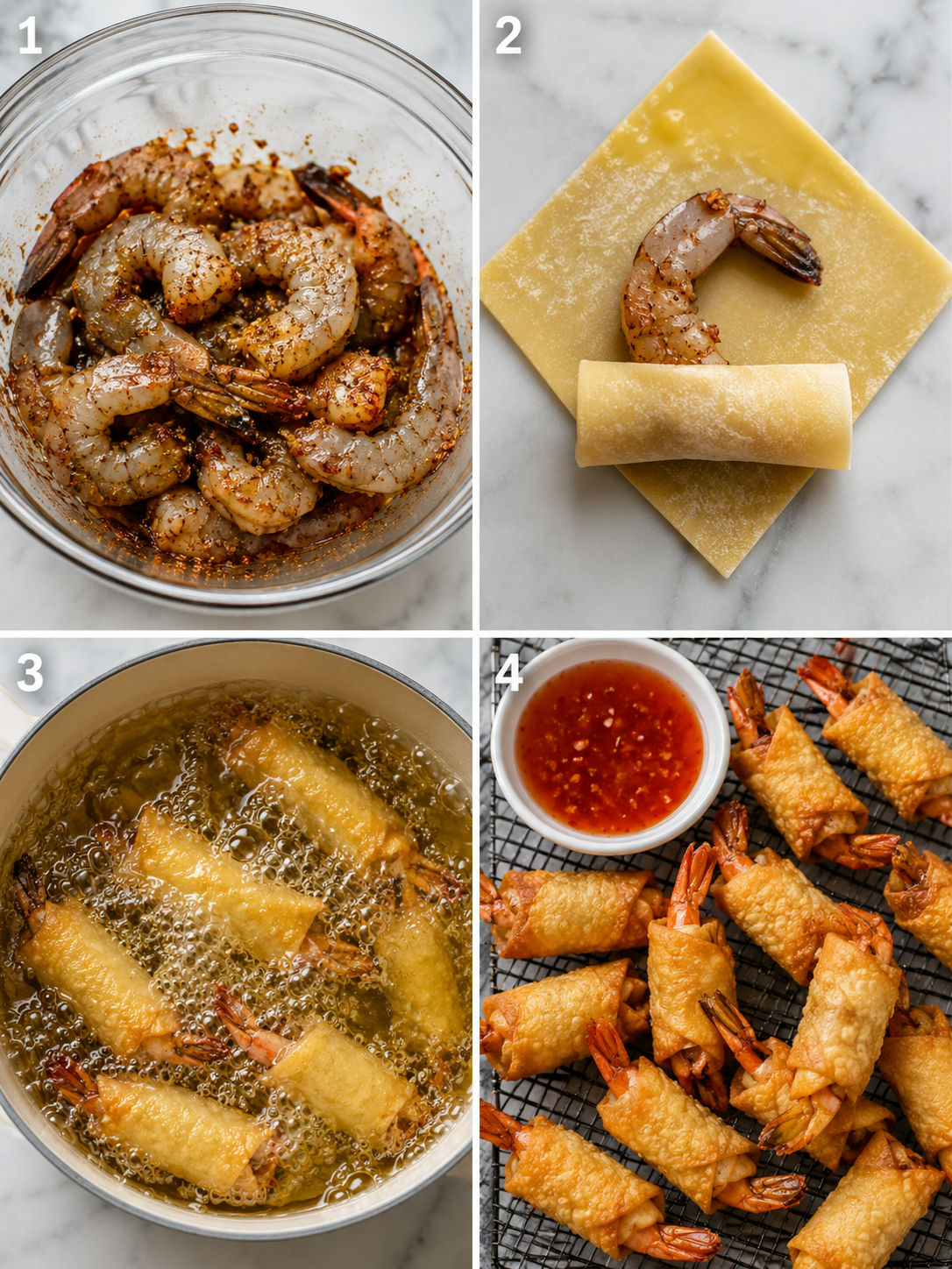 Four steps for seasoning, wrapping, frying, and draining wonton shrimp