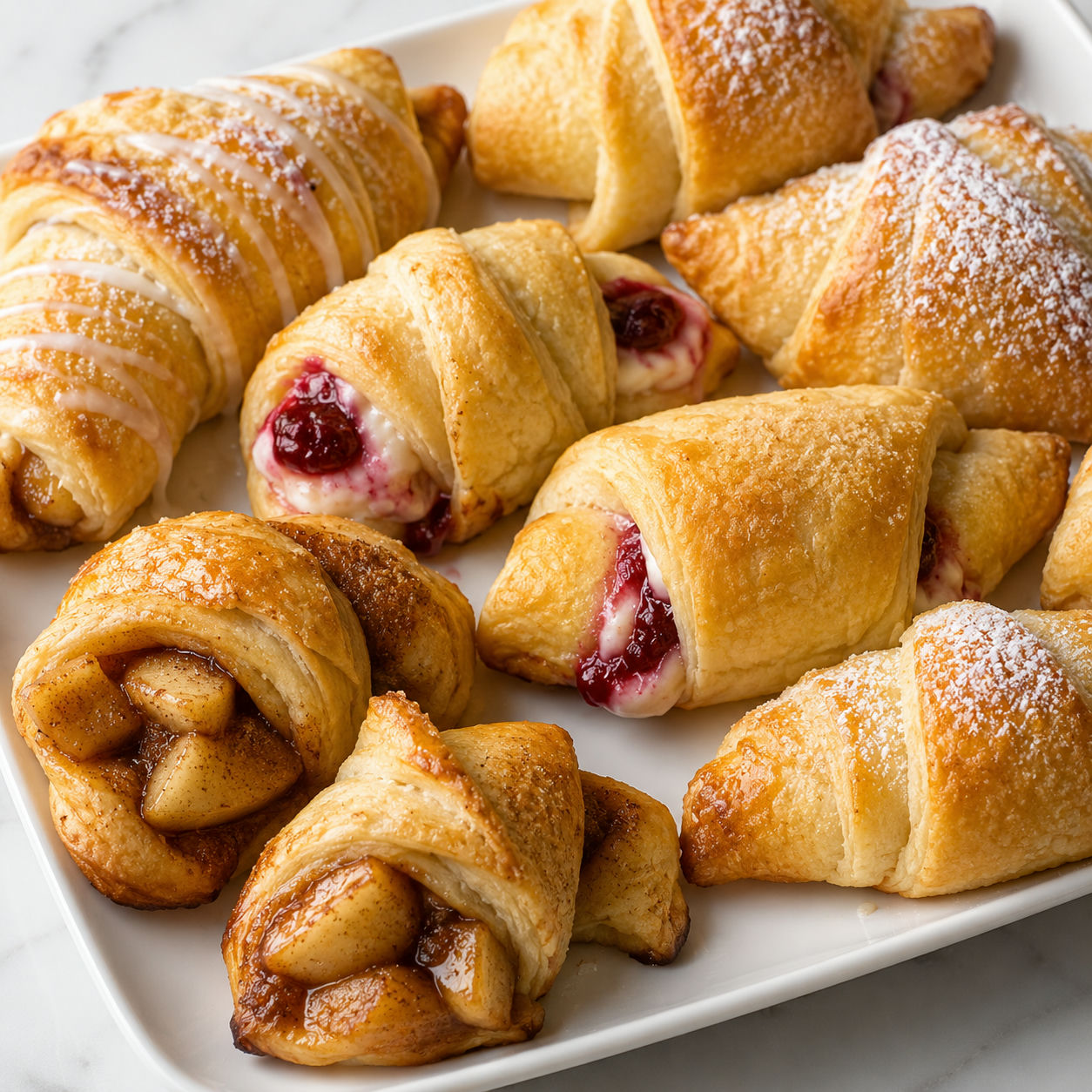Stuffed crescent rolls with berry jam, apple filling, and vanilla glaze