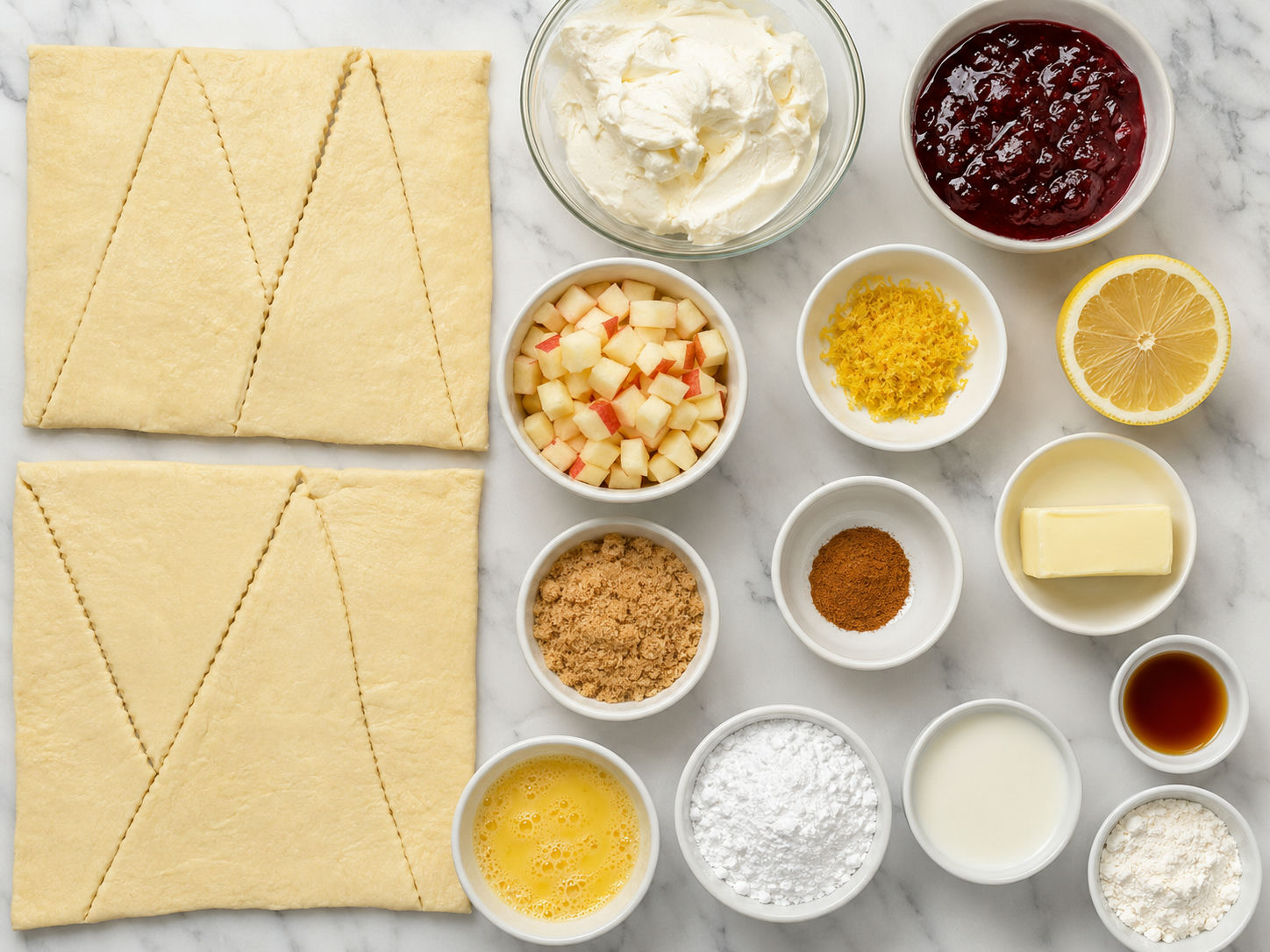 Ingredients for stuffed crescent rolls with cream cheese, apple, jam, and cinnamon