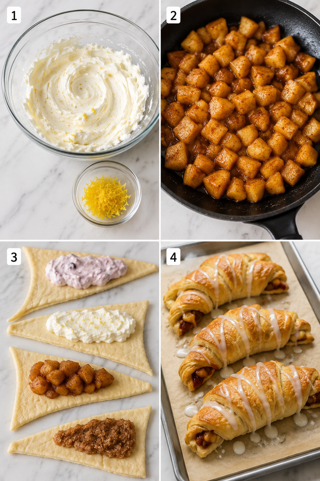 Four steps for making stuffed crescent rolls with sweet fillings