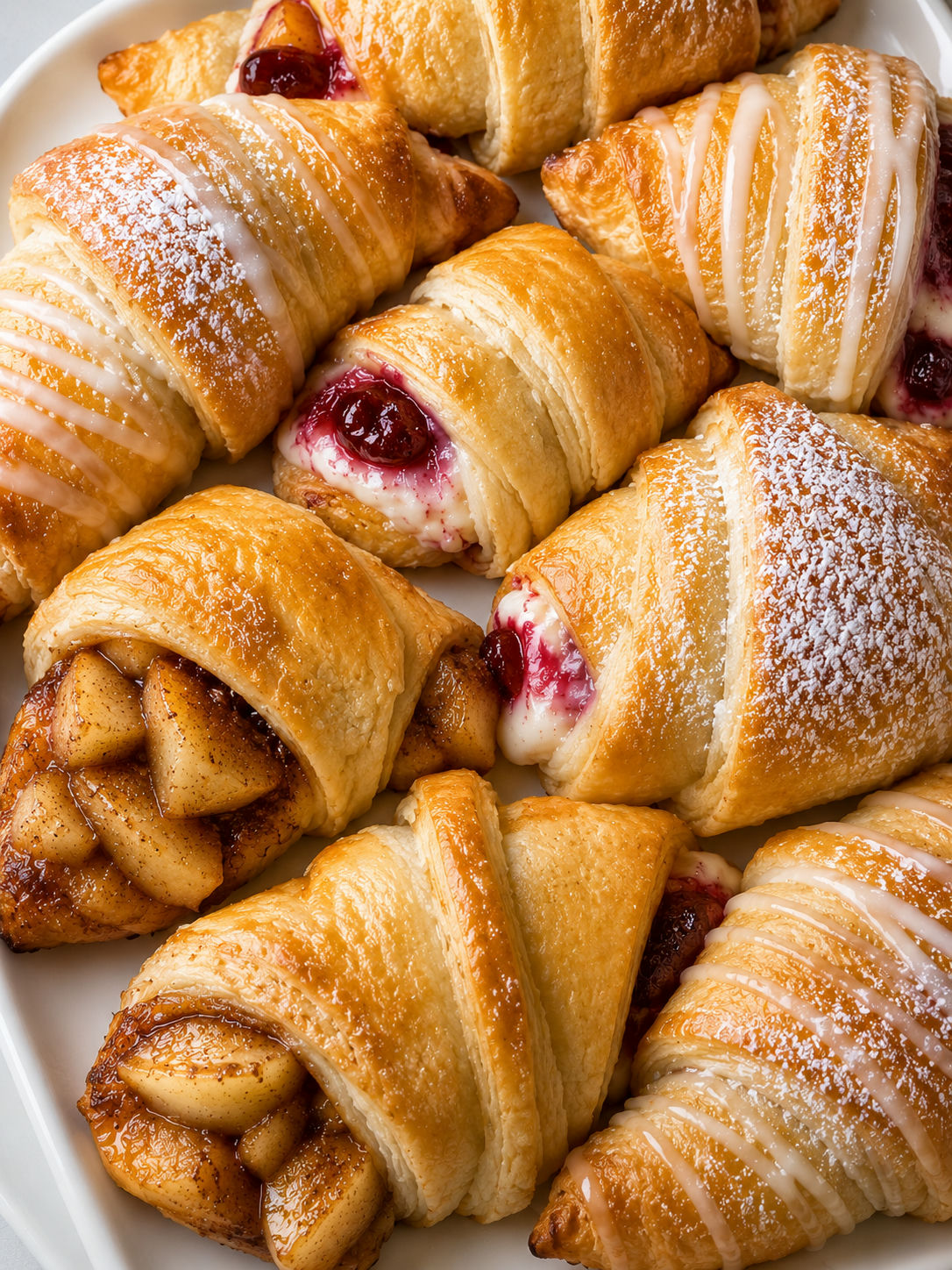 Golden stuffed crescent rolls with glaze, powdered sugar, and fruit filling