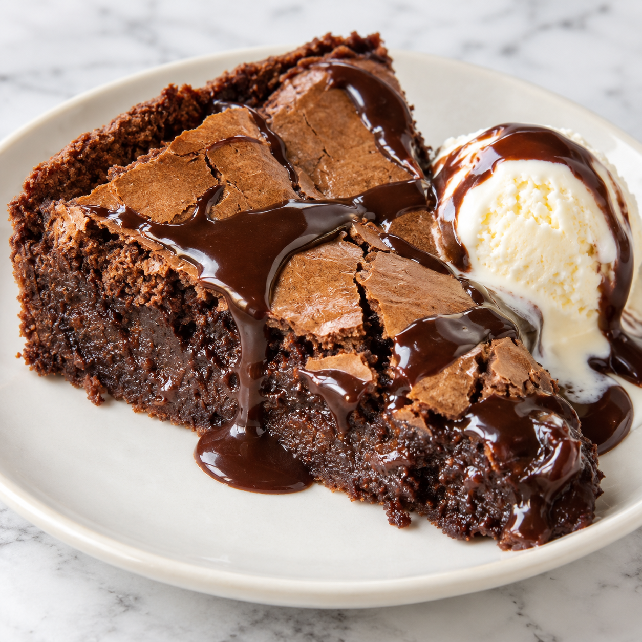 Gooey Brownie Pie slice with hot fudge and vanilla ice cream