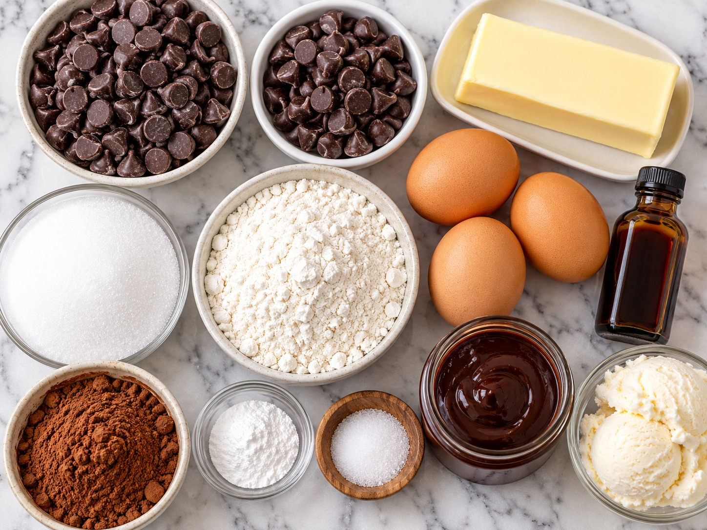 Ingredients for Gooey Brownie Pie with chocolate chips, eggs, butter, and cocoa