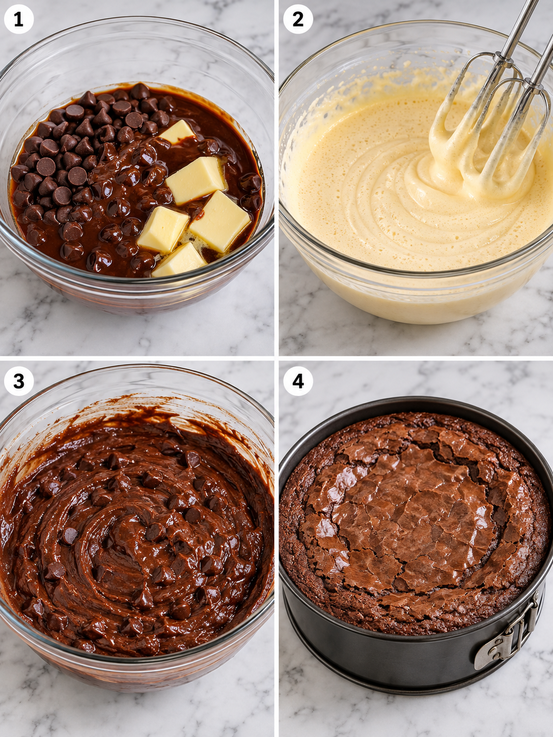 Four steps for making Gooey Brownie Pie from melting chocolate to cooling