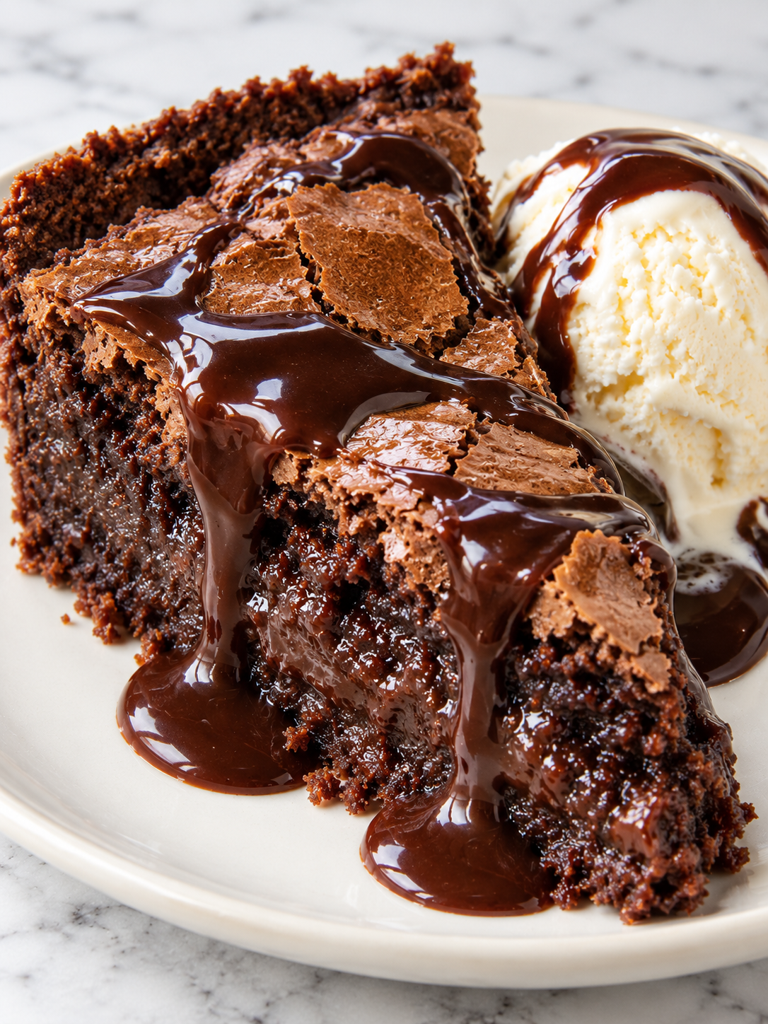 Gooey Brownie Pie wedge with hot fudge and melting vanilla ice cream