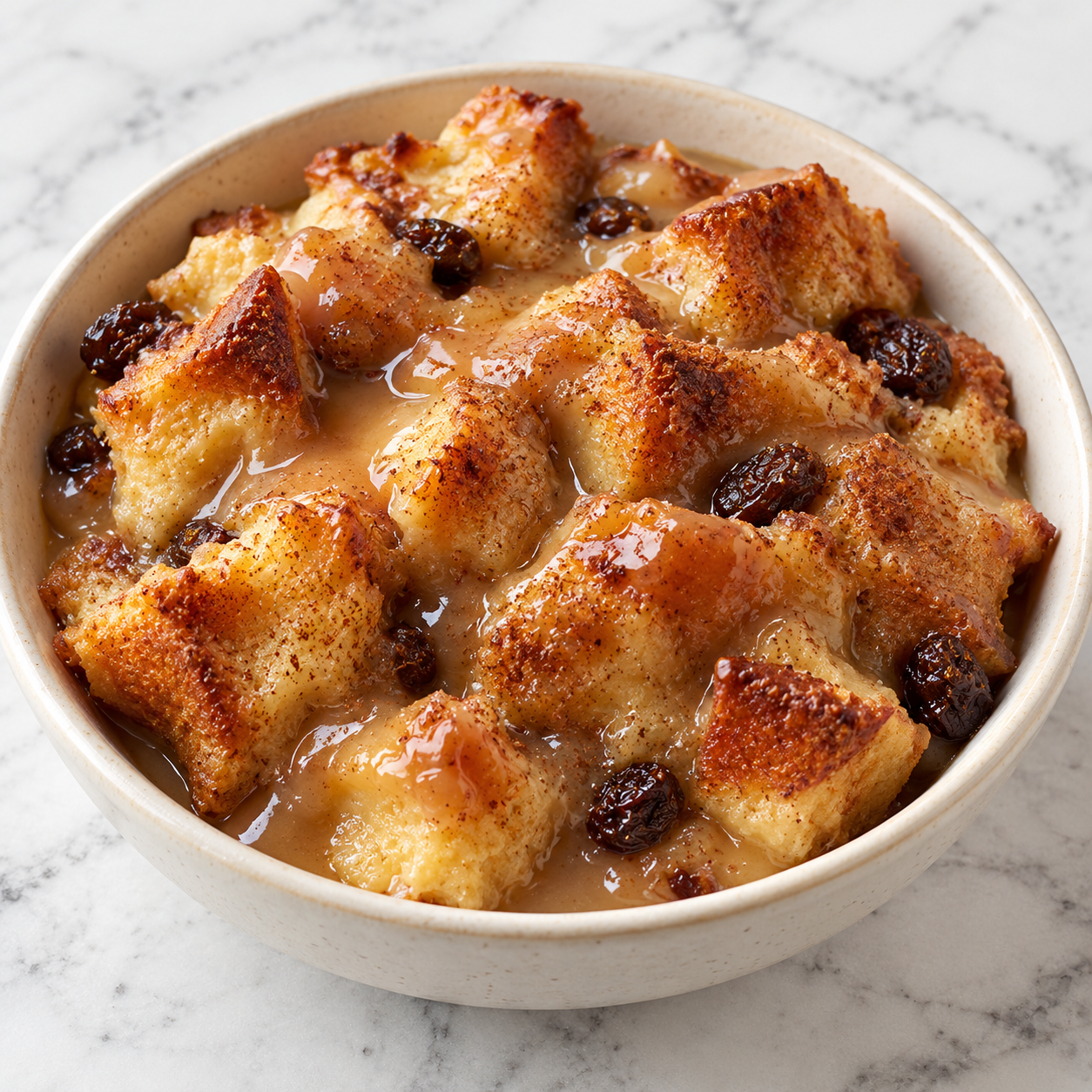 Warm bread pudding with vanilla sauce, raisins, and cinnamon in a bowl