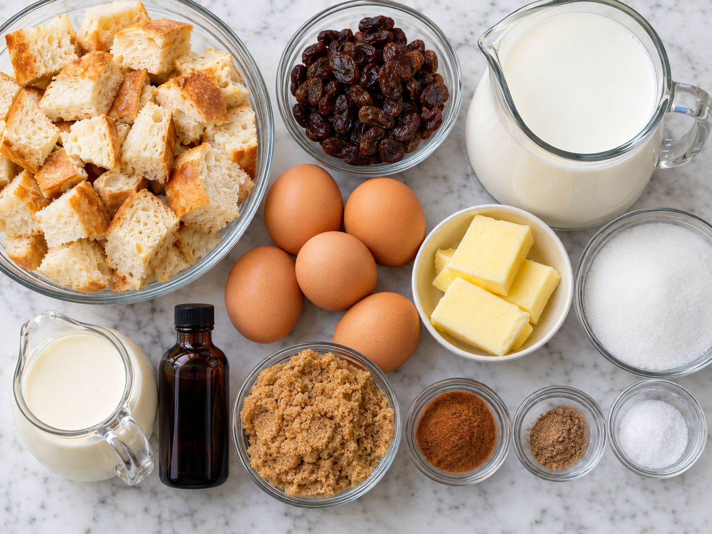 Bread pudding ingredients with bread cubes, eggs, milk, cream, spices, and raisins