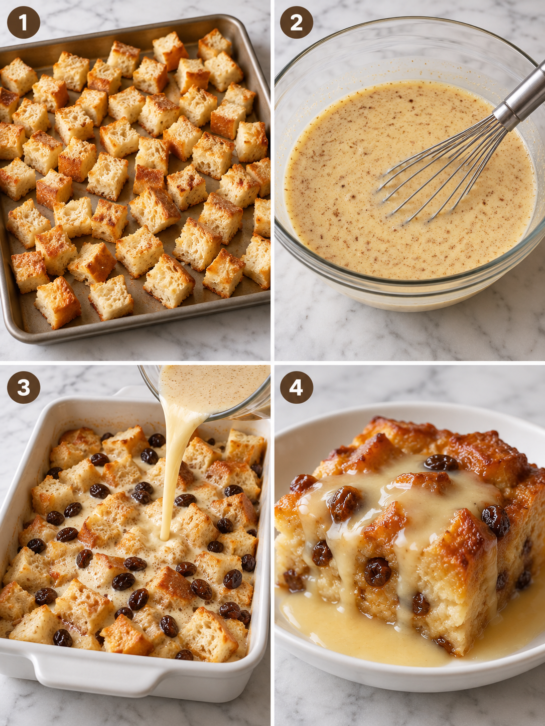 Four steps for making bread pudding from toasted bread to vanilla sauce