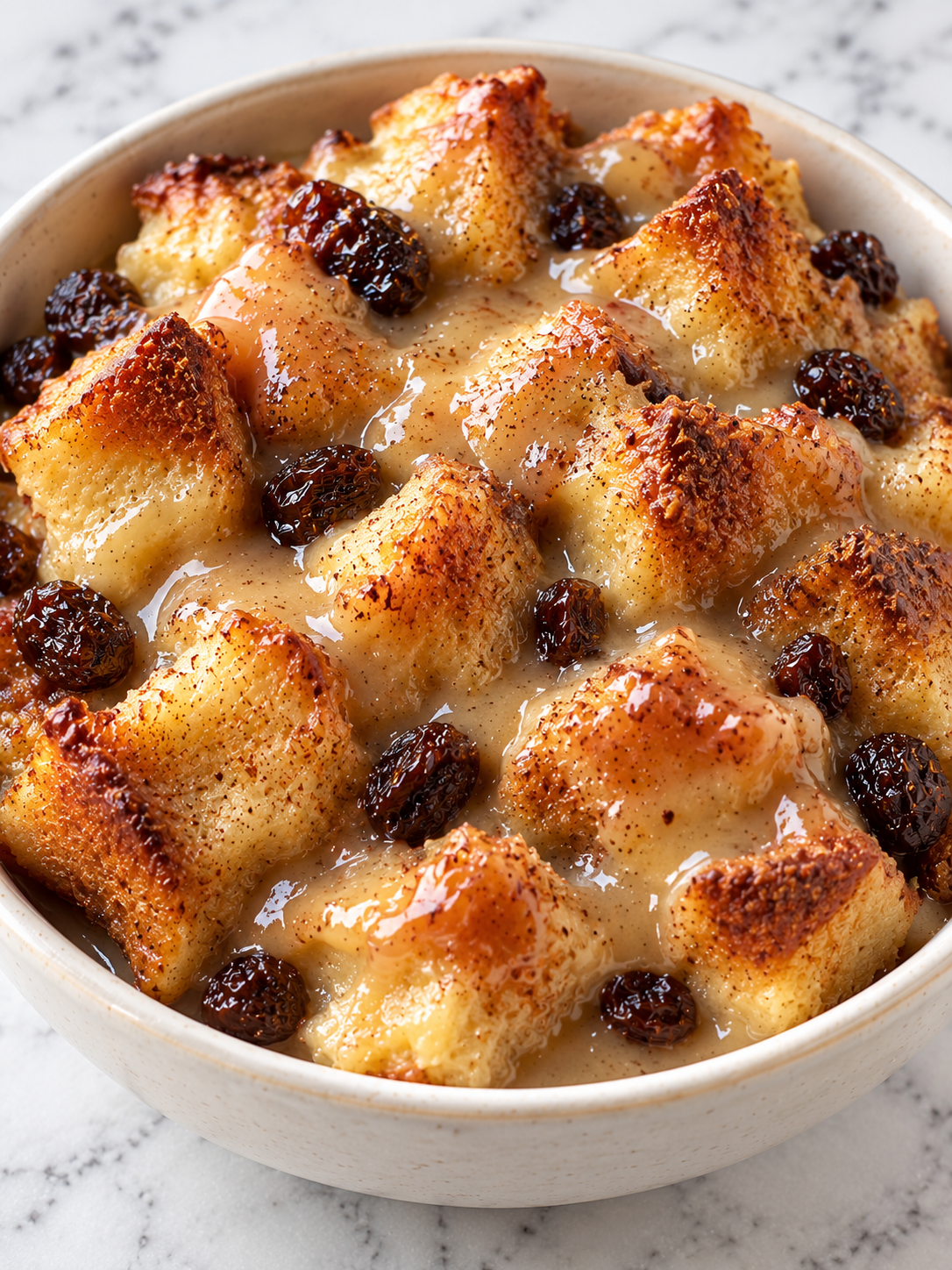 Golden bread pudding with thick vanilla sauce and cinnamon filling the frame
