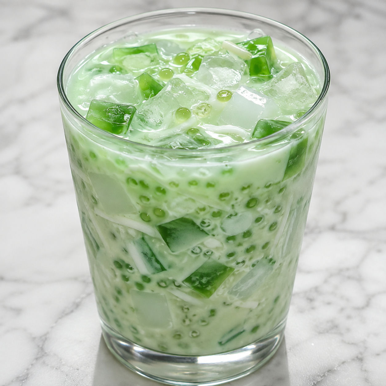 Green sago drink with pandan jelly and young coconut in a cold glass