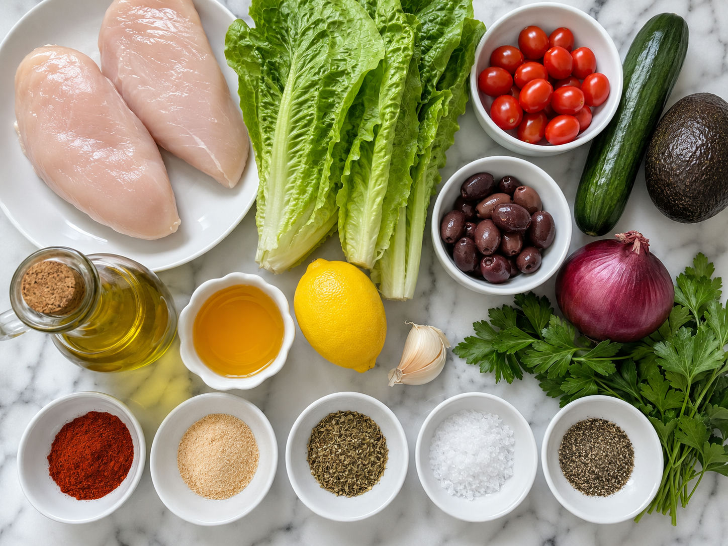 Ingredients for grilled chicken salad with vegetables, chicken, and lemon dressing