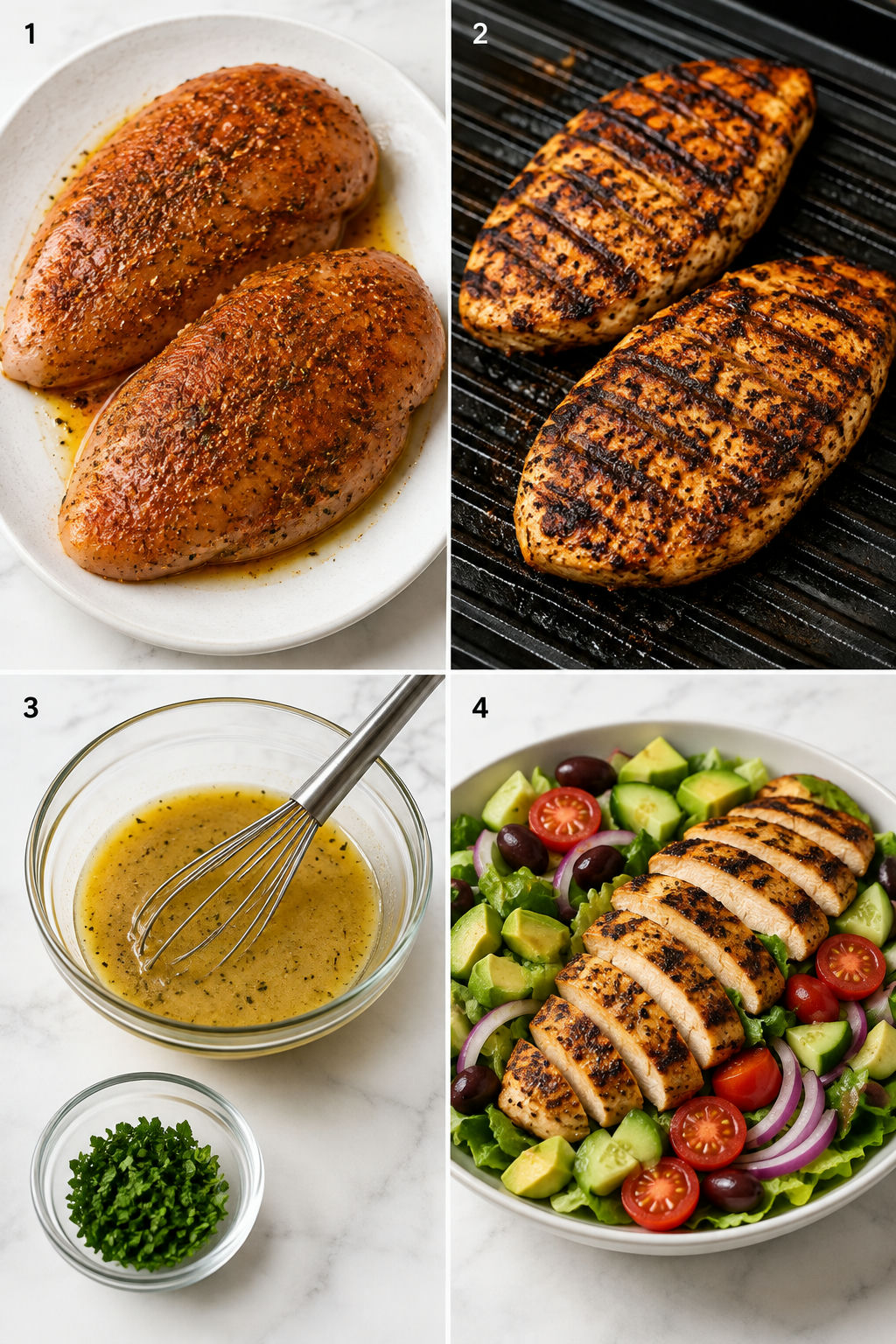 Four steps for making grilled chicken salad from seasoning to assembly