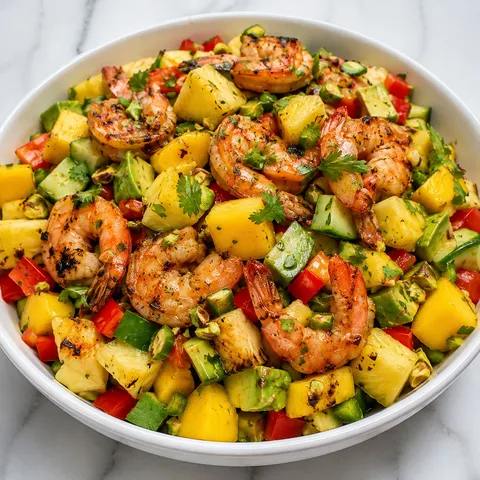 Grilled shrimp pineapple mango salad with avocado, cilantro, and pistachios