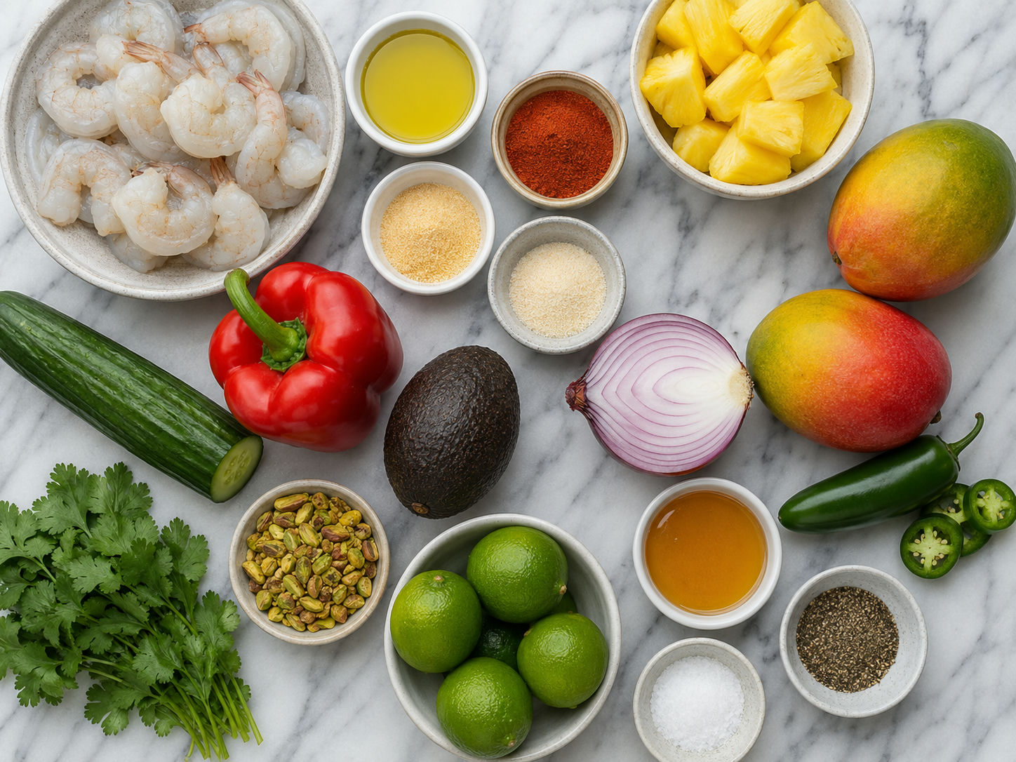 Raw shrimp, tropical fruit, vegetables, herbs, pistachios, lime, and honey