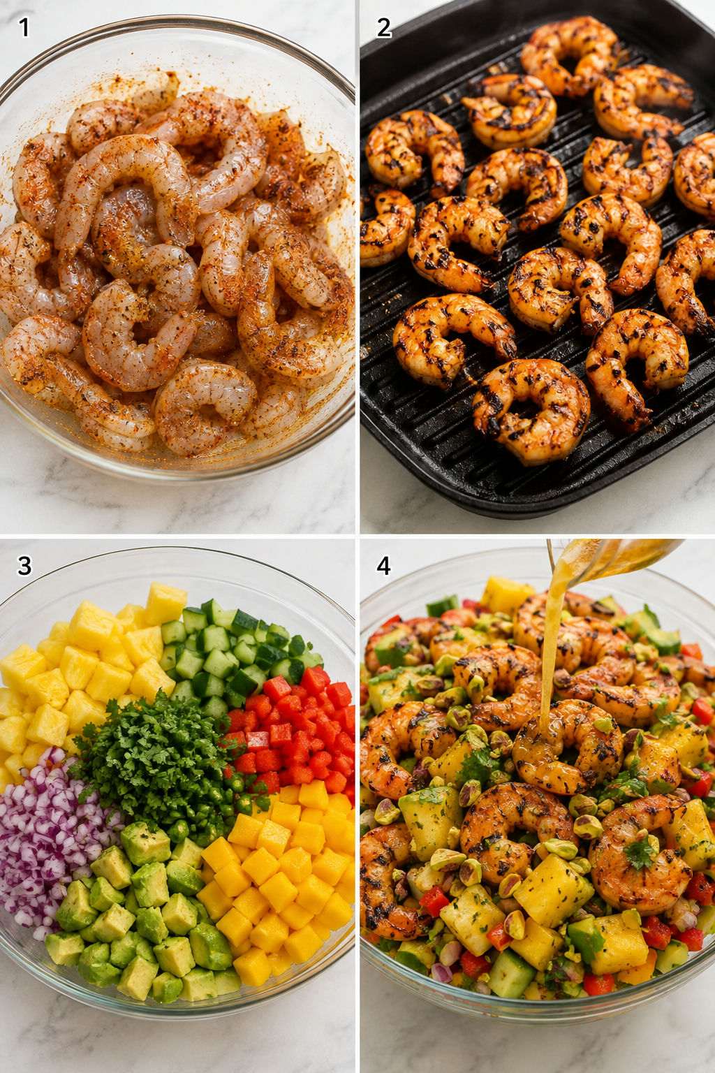 Four steps for making grilled shrimp pineapple mango salad