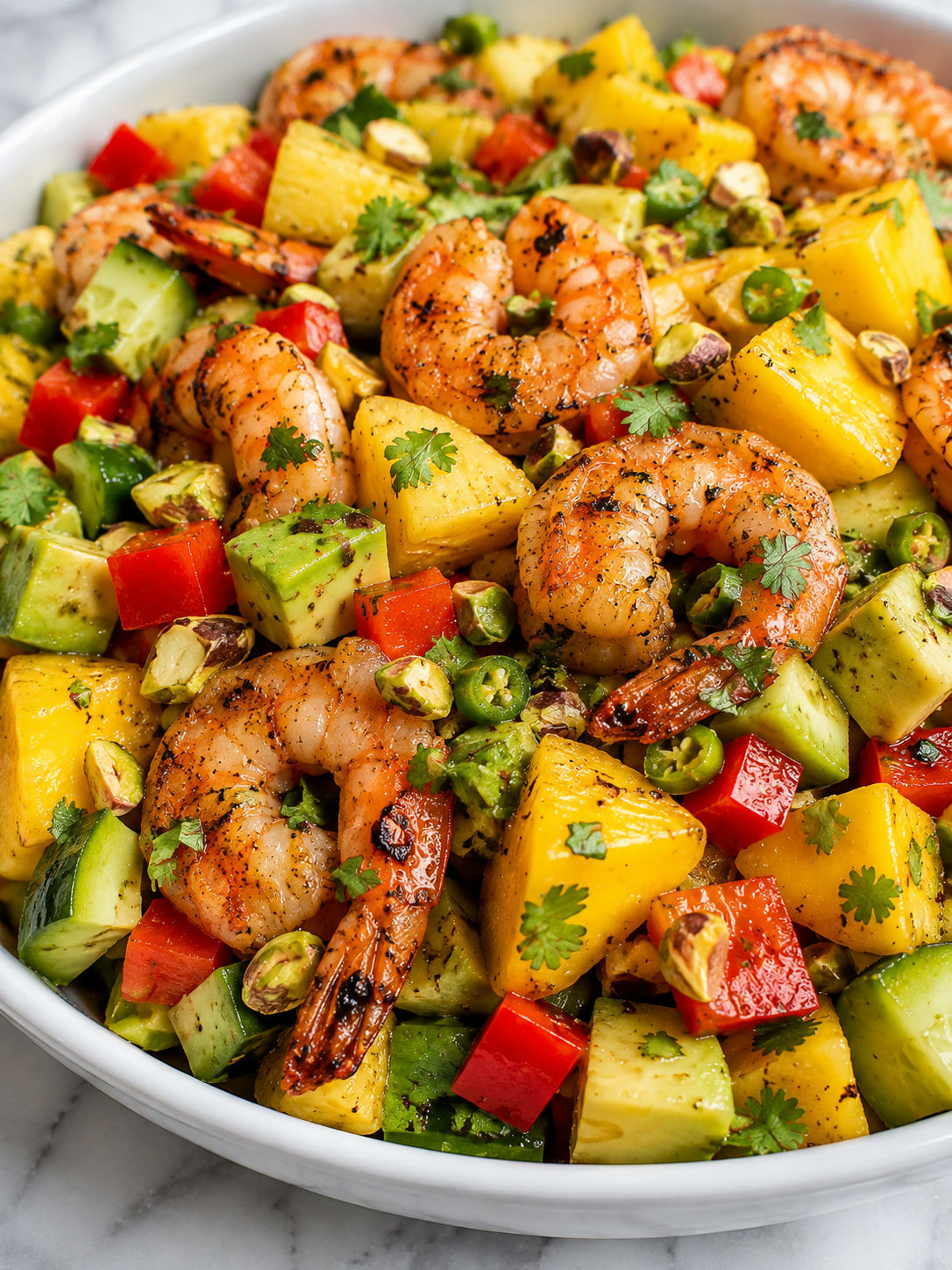 Grilled shrimp pineapple mango salad in a white bowl with lime and herbs