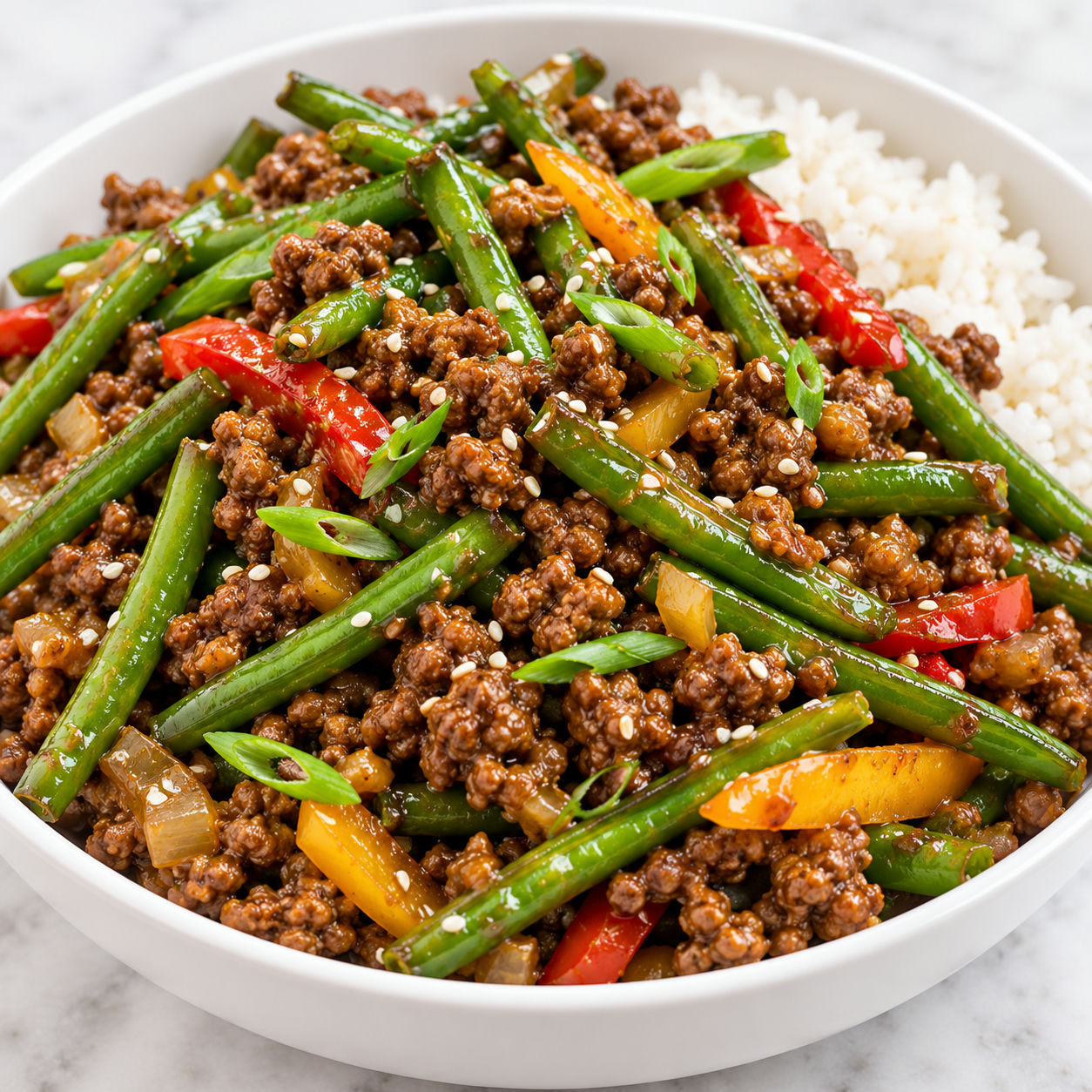 Ground beef and green bean stir-fry with scallions over rice