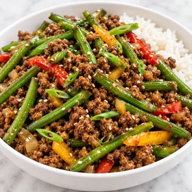 Ground beef and green bean stir-fry with scallions over rice