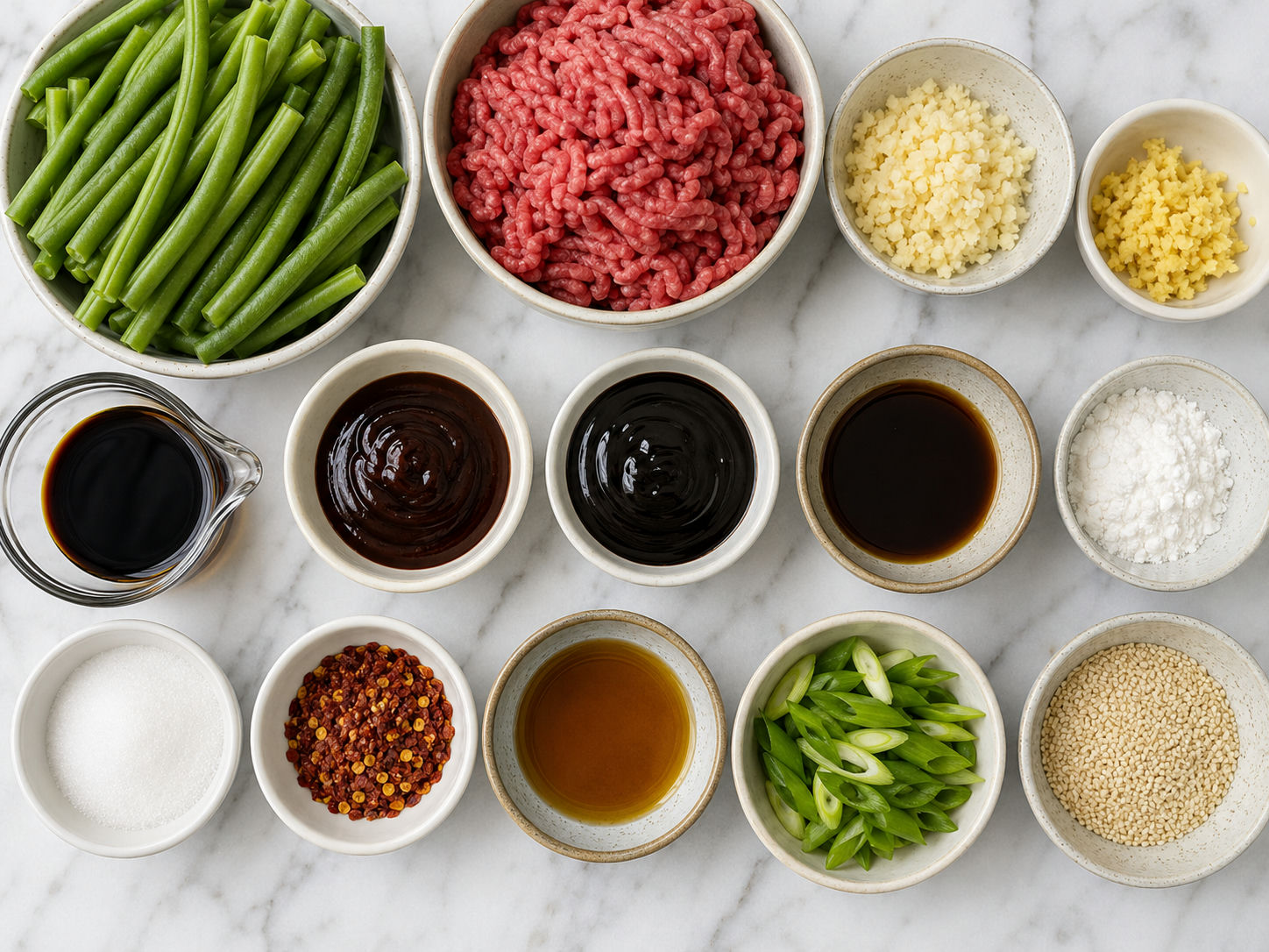 Raw green beans, ground beef, garlic, ginger, and sauces for stir-fry