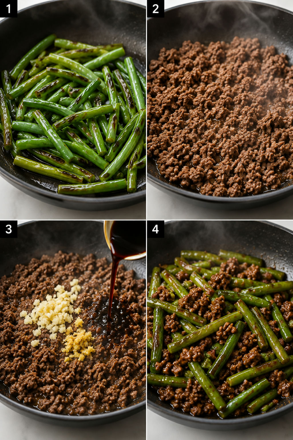 Four cooking steps for ground beef and green bean stir-fry