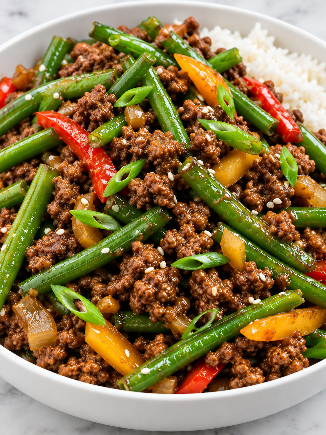 Saucy ground beef and green bean stir-fry in a rice bowl