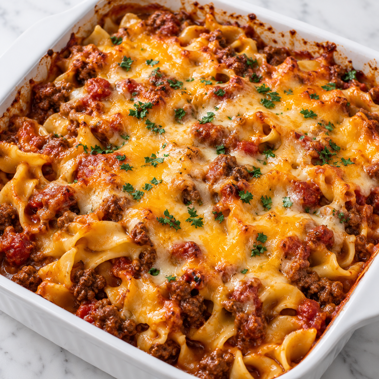 Ground beef casserole with egg noodles, cheddar, and parsley