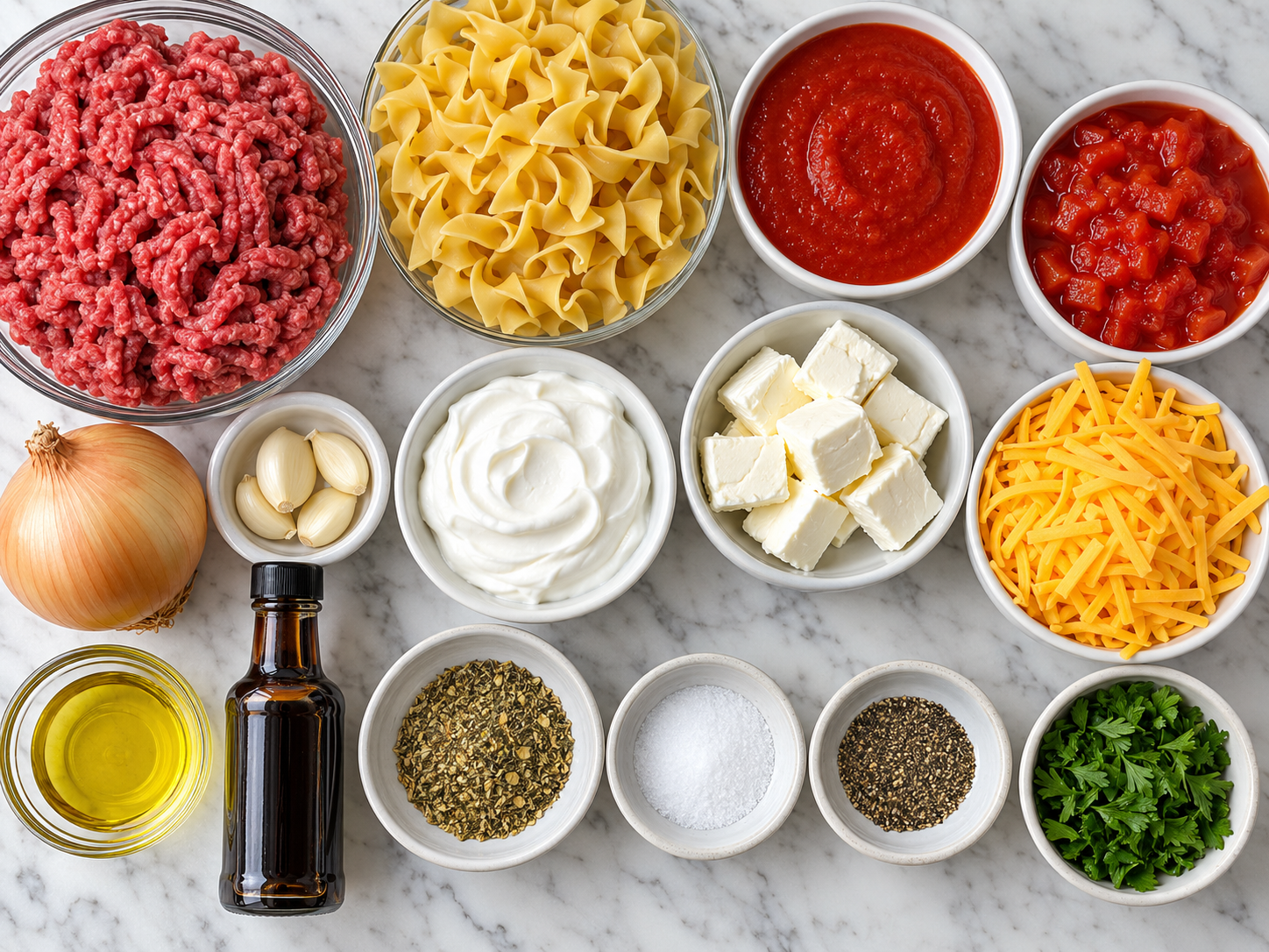 Ingredients for ground beef casserole with noodles, tomatoes, and cheddar