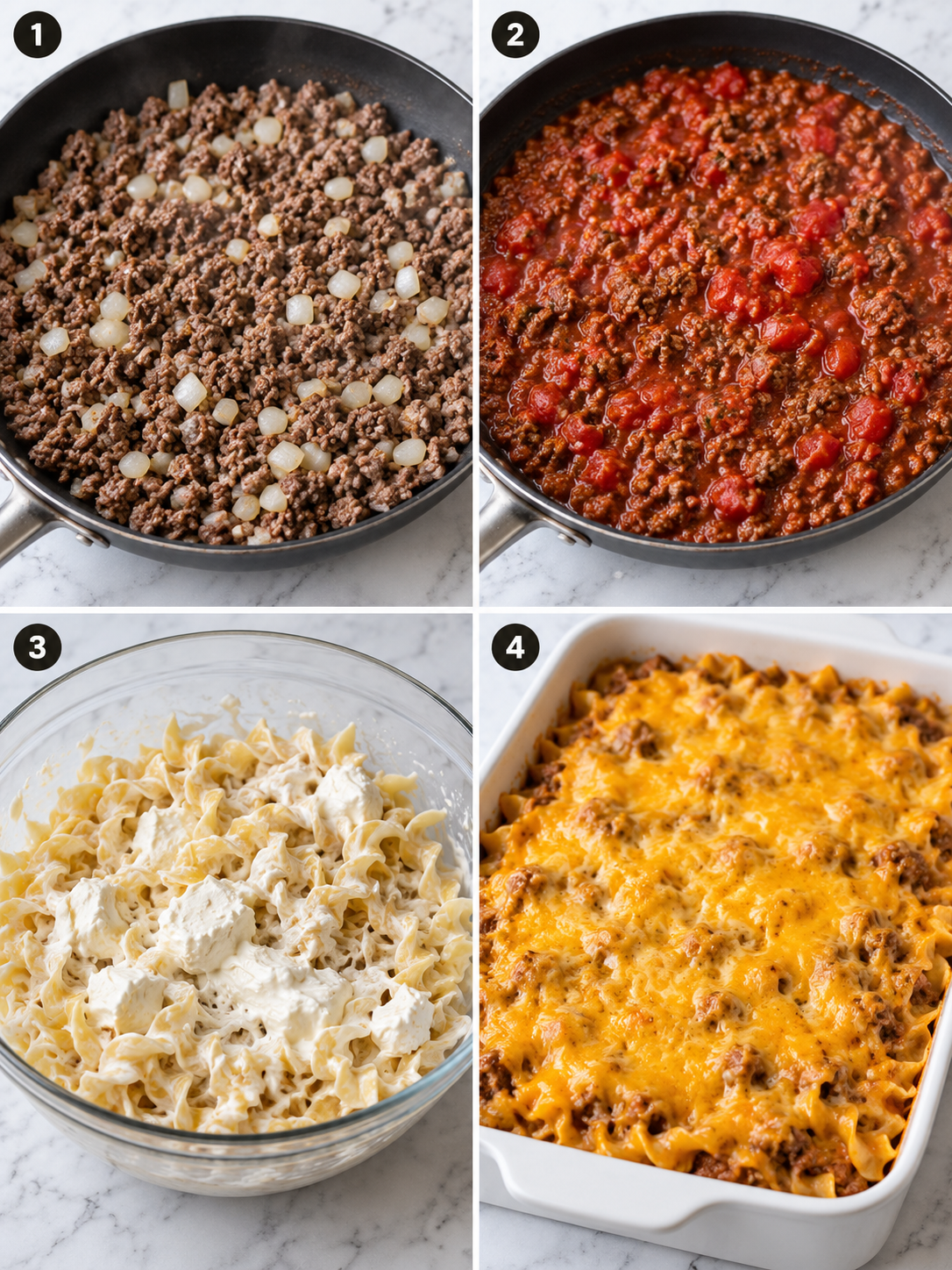 Four steps for making ground beef casserole with creamy noodles