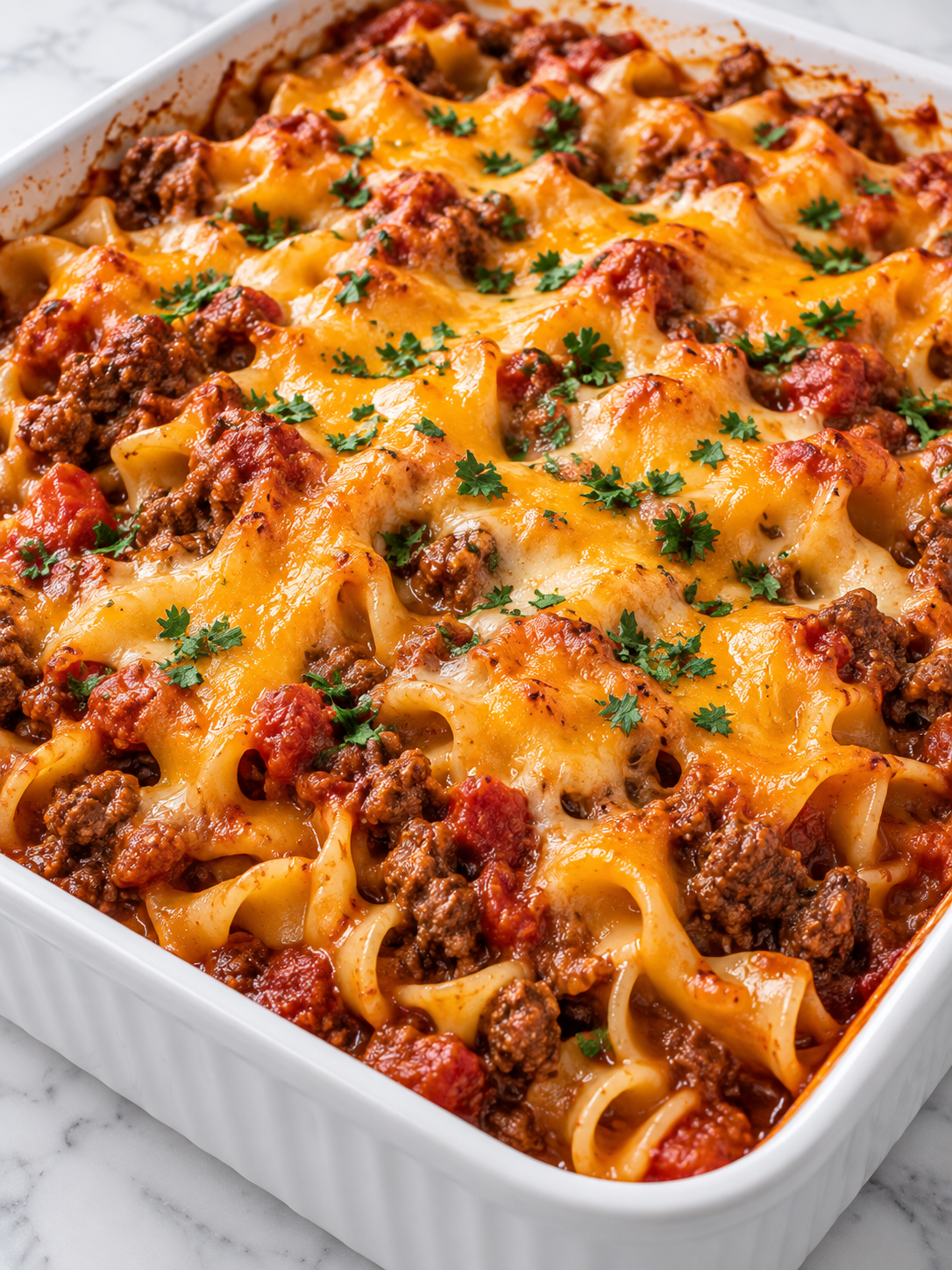 Scoop of ground beef casserole with creamy noodles and melted cheddar