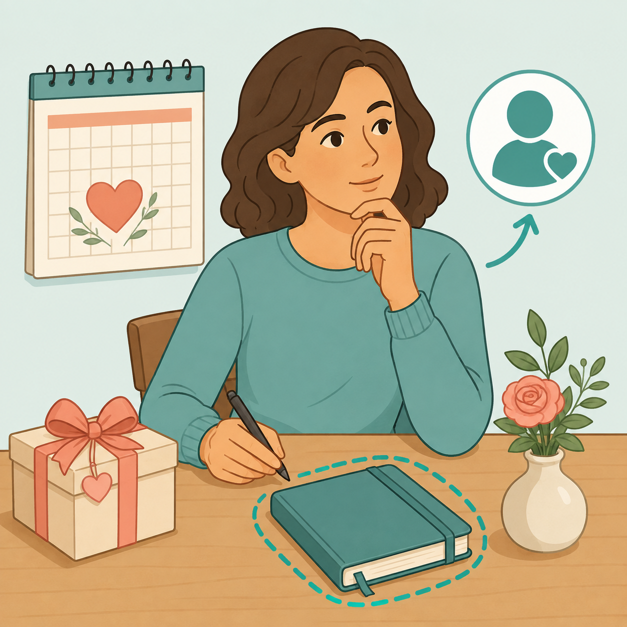 A person calmly reviewing an anniversary discovery with a notebook and support nearby.