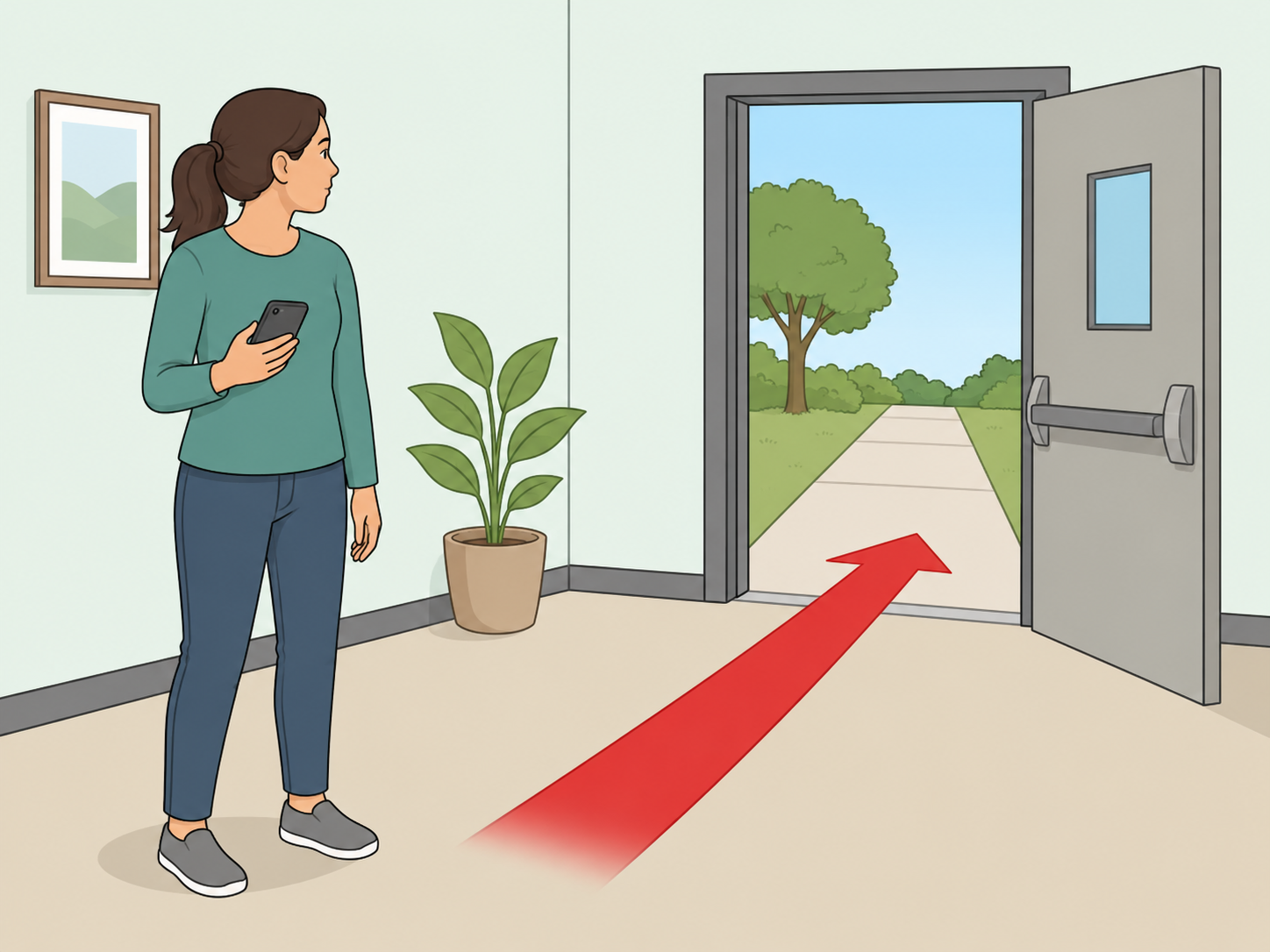 A person checking safety and keeping a clear way to leave.