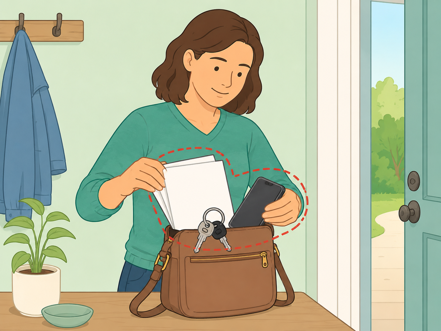 A person preparing important items as part of a safety plan.
