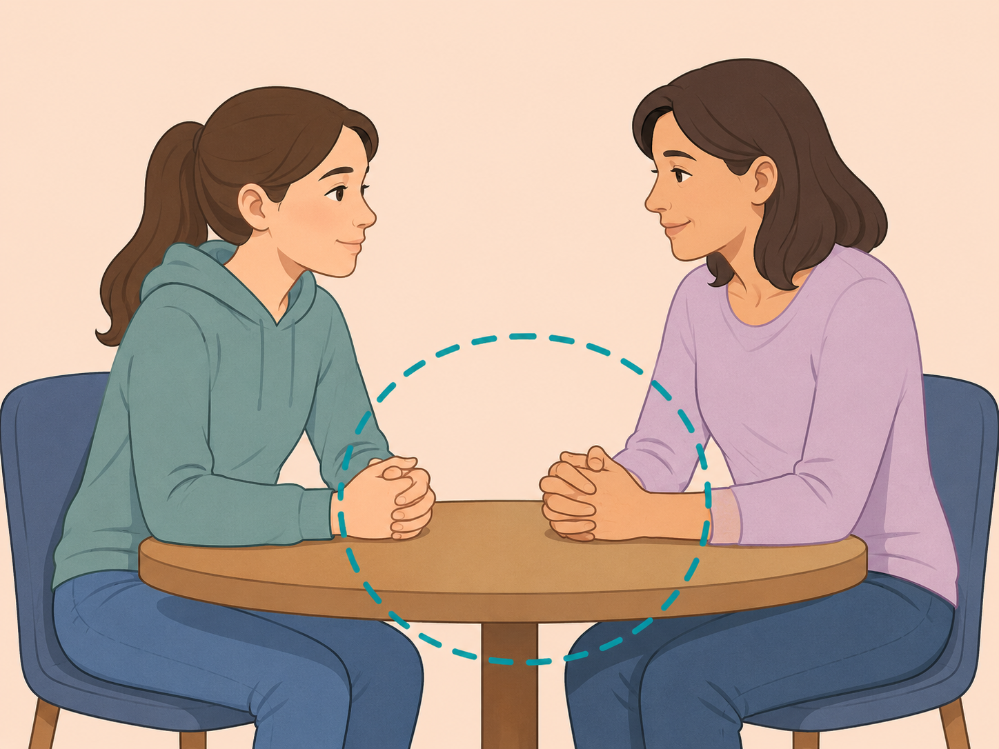 A mother and child calmly discussing a private discovery at a table.