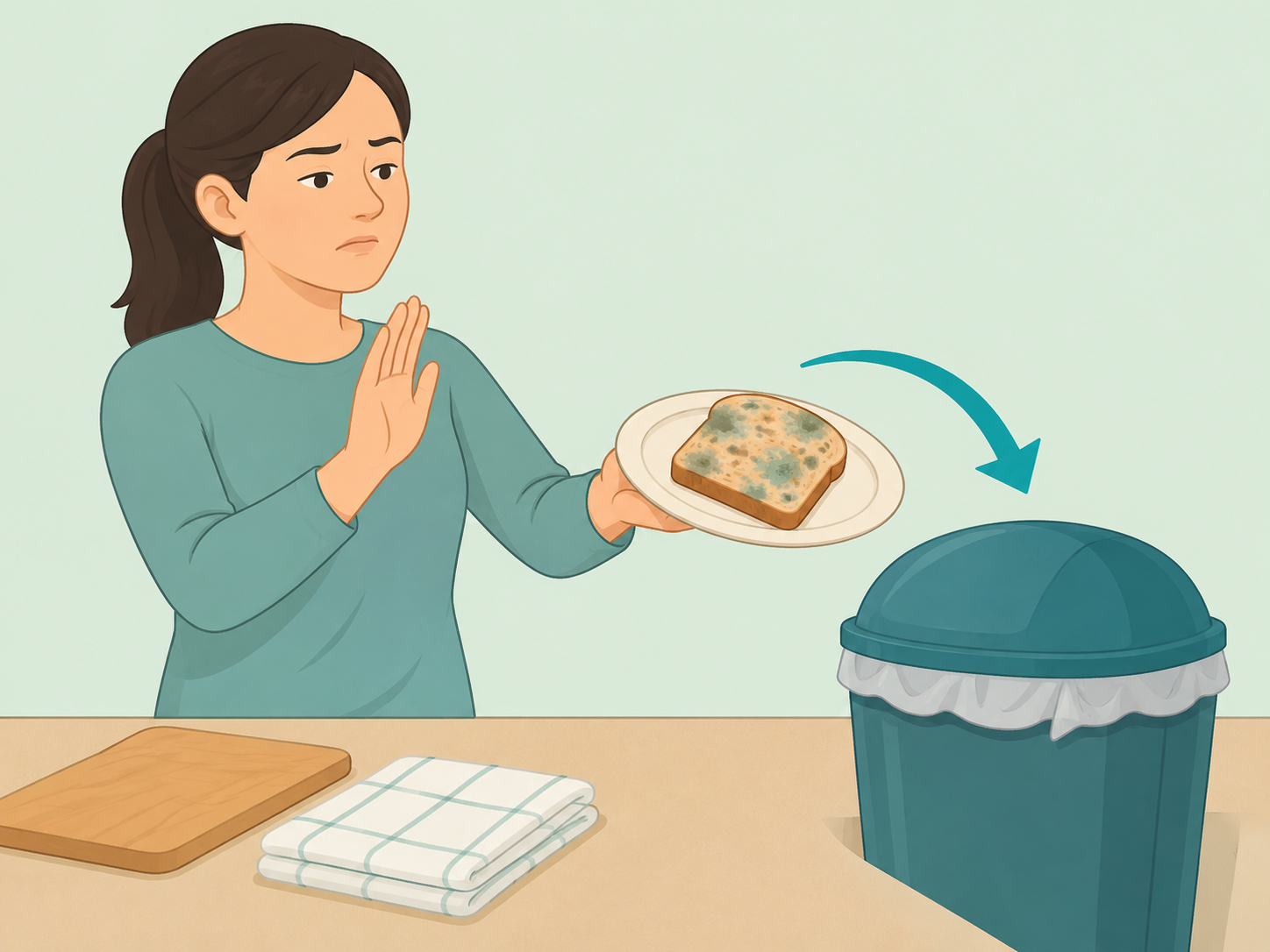 Person safely moving moldy food away from their mouth and toward a covered trash bin.