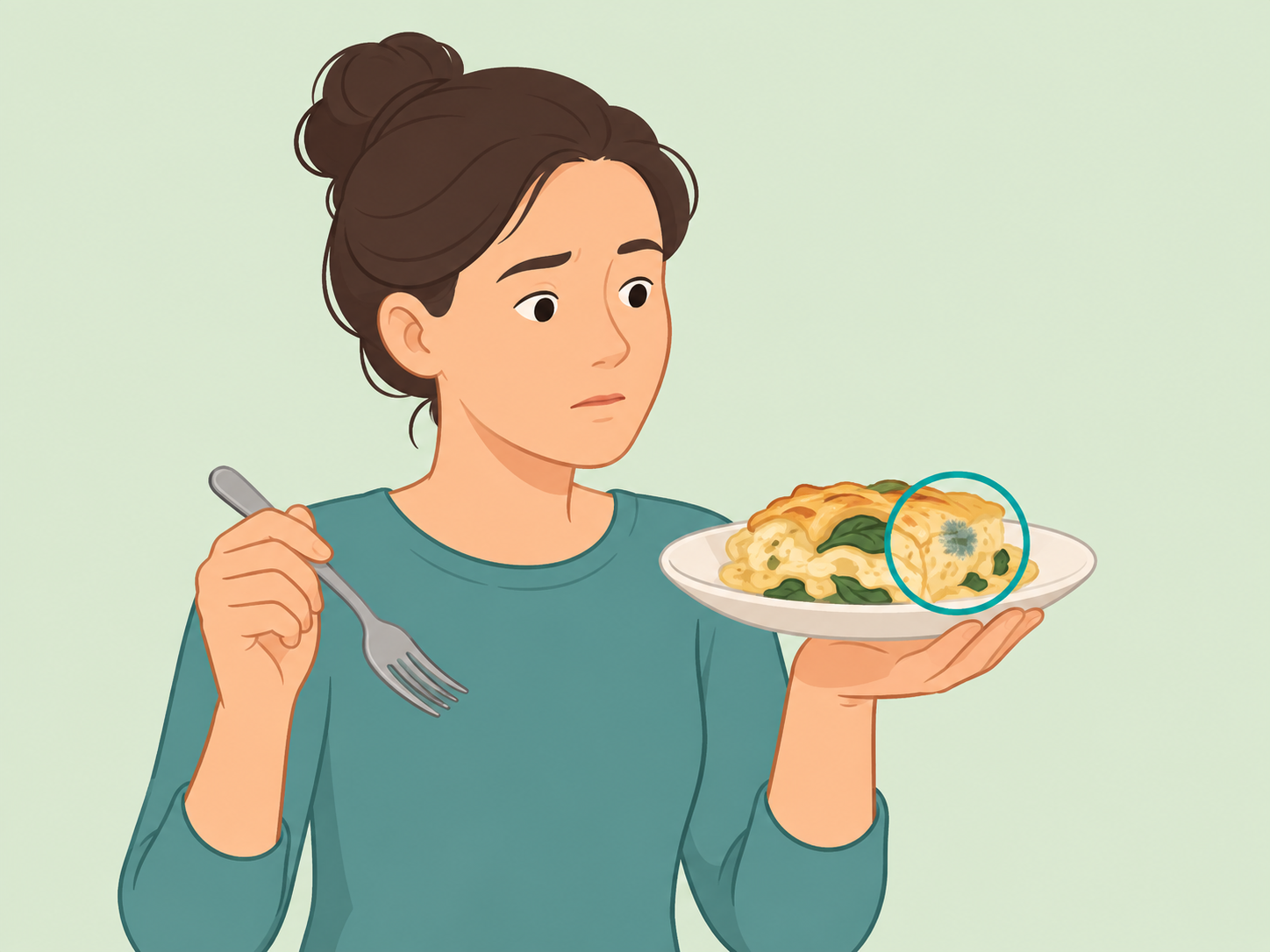 Person stopping before eating food after noticing a mold spot.